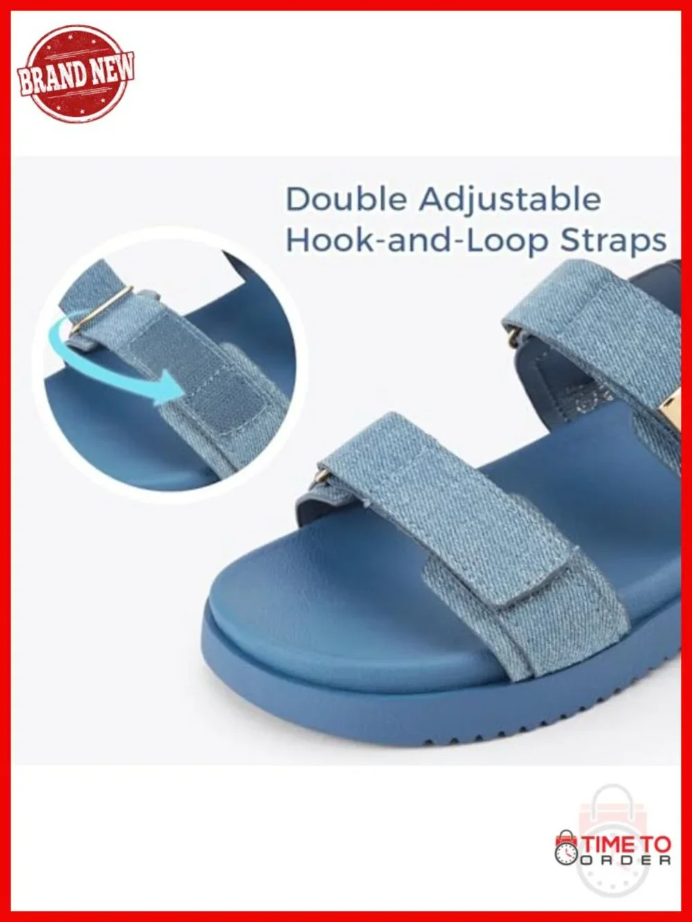 Double Strap Flat Sandals with Hook & Loop Closure, Non-Slip